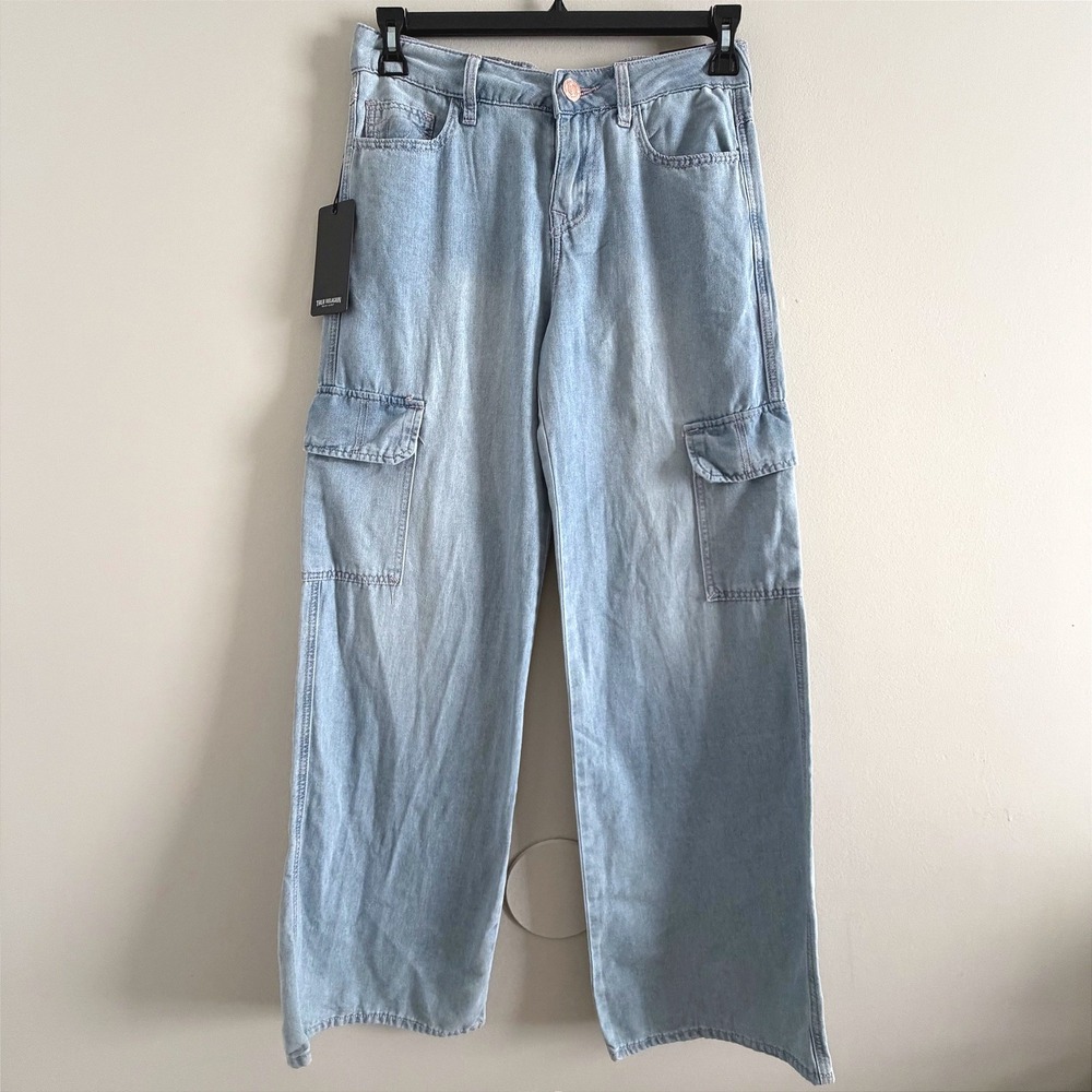 True Religion Bobbi Baggy Cargo Denim Jeans Light Journey Wash Pink Stitch W26